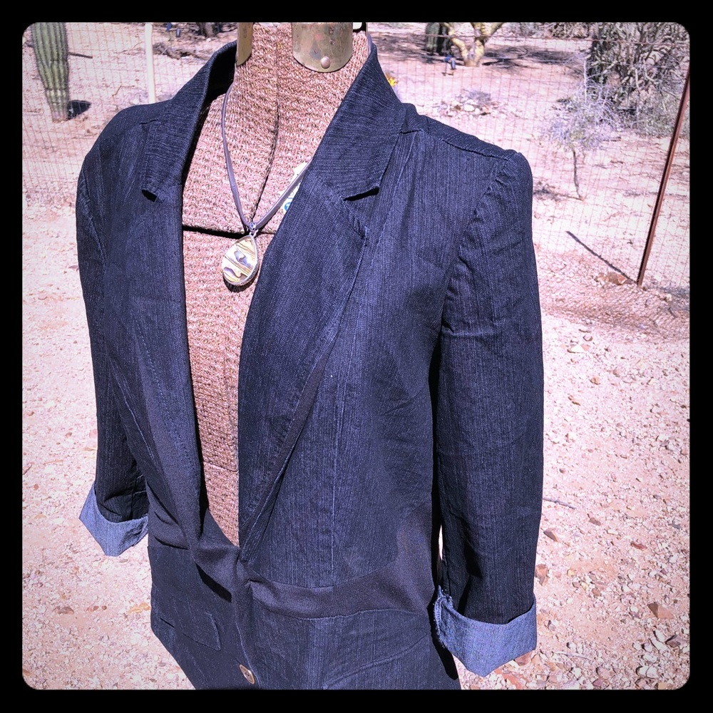 Dark denim blazer with black accents